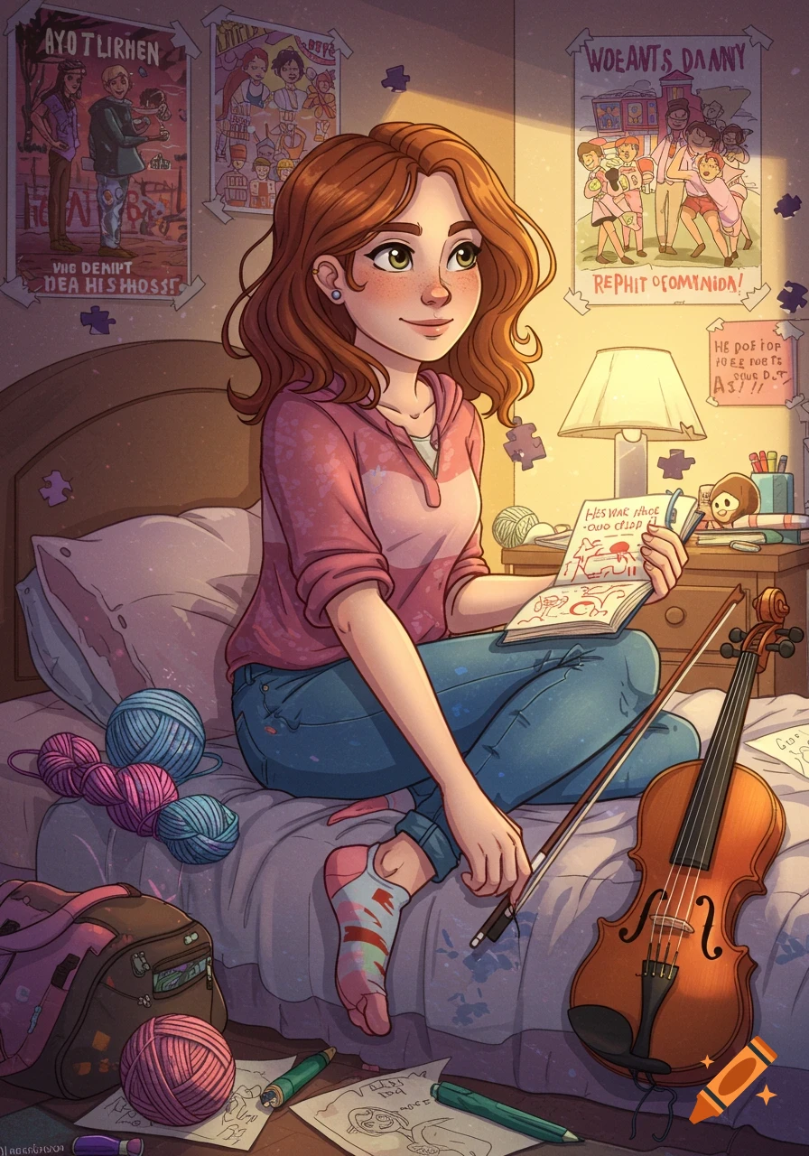 A smiling, red-haired cartoon girl sits on her bed, holding a sketchbook, surrounded by yarn, puzzle pieces, and a violin in her bedroom.