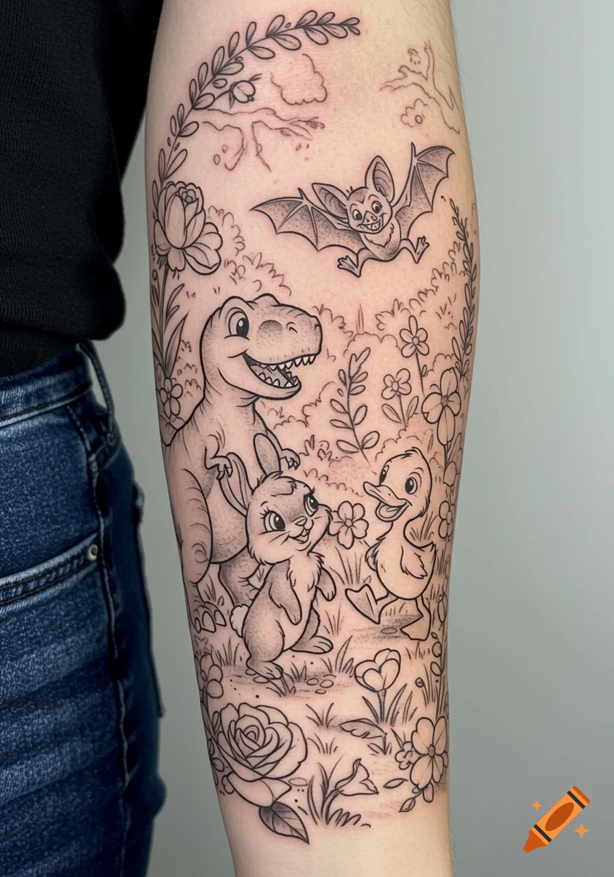 Black and white tattoo on a forearm featuring a T-Rex, bunny, duckling, and bat among flowers, in a cheerful, animated style.