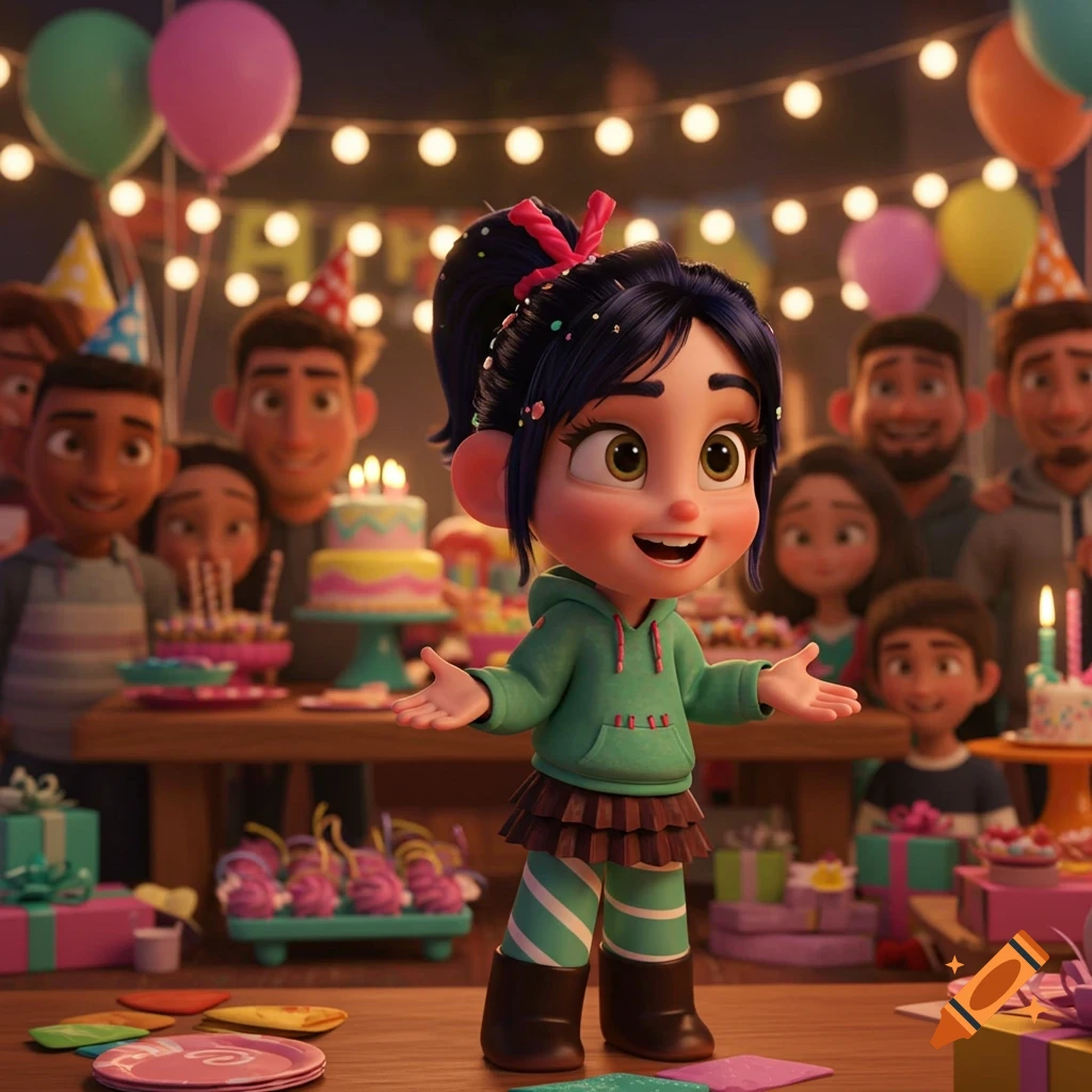 Vanellope von Schweetz at a vibrant birthday party, standing with arms open amidst balloons, gifts, and other cartoon characters.