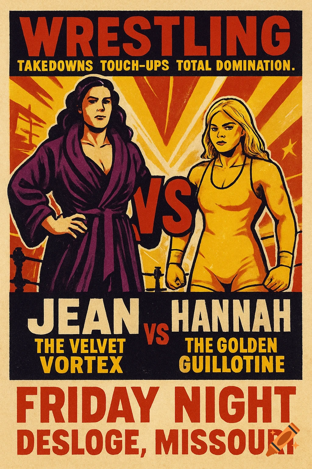 A vintage-style wrestling poster features two female wrestlers, Jean and Hannah, against a red and yellow background with bold text.