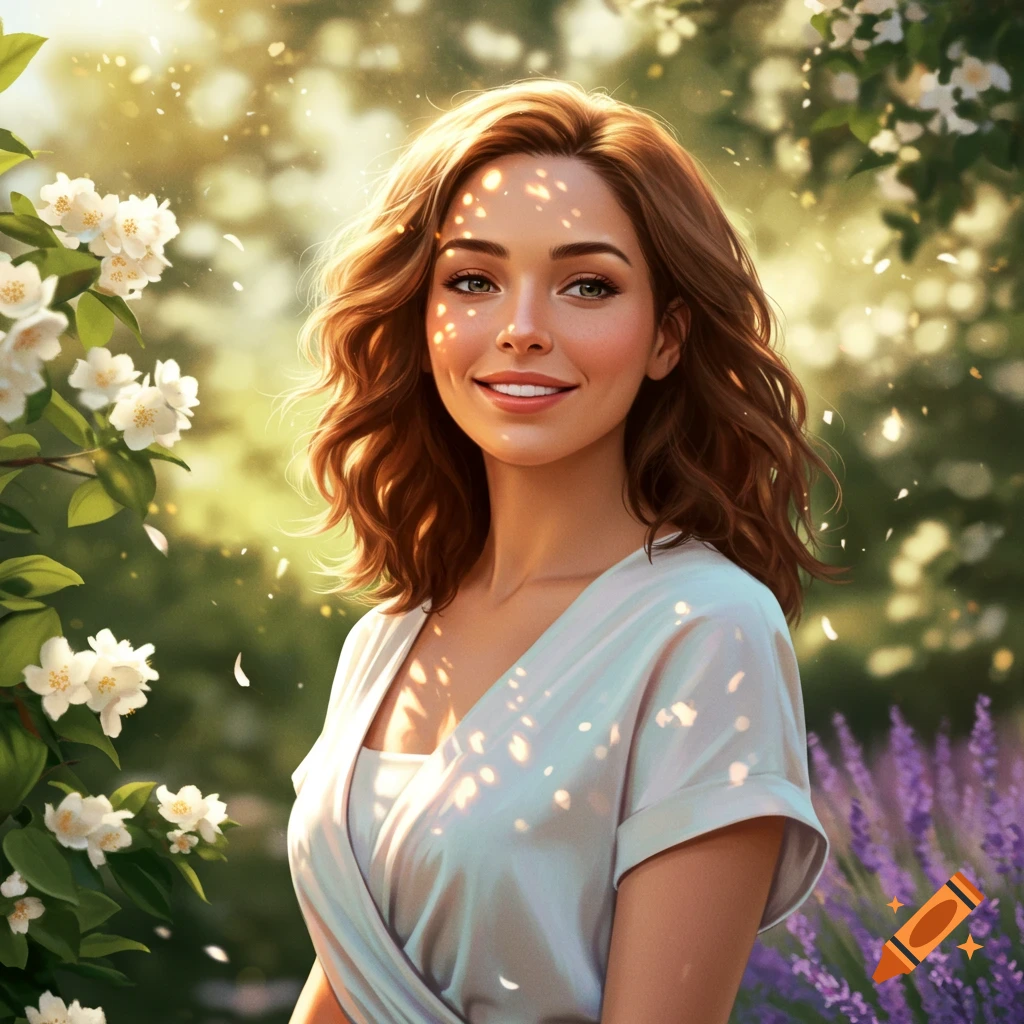 A beautiful woman with brown hair smiles in a sun-dappled garden with white flowers and lavender.