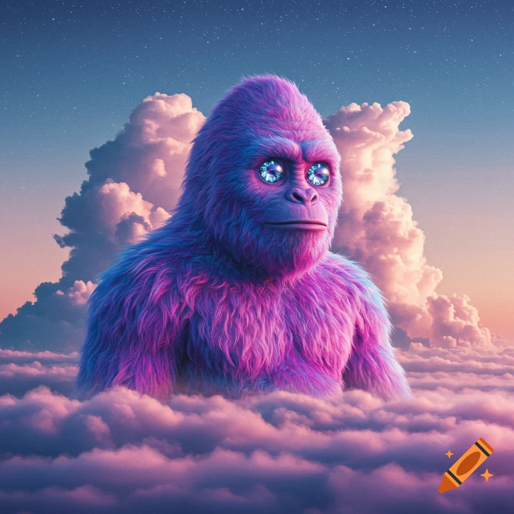A vibrant purple and blue furry creature with sparkling diamond eyes floats in pink and purple clouds under a starry sky.