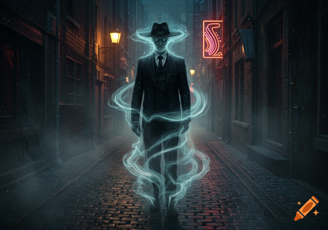 A man in a black suit and fedora, made of glowing blue mist, stands in a dark, wet alley at night.