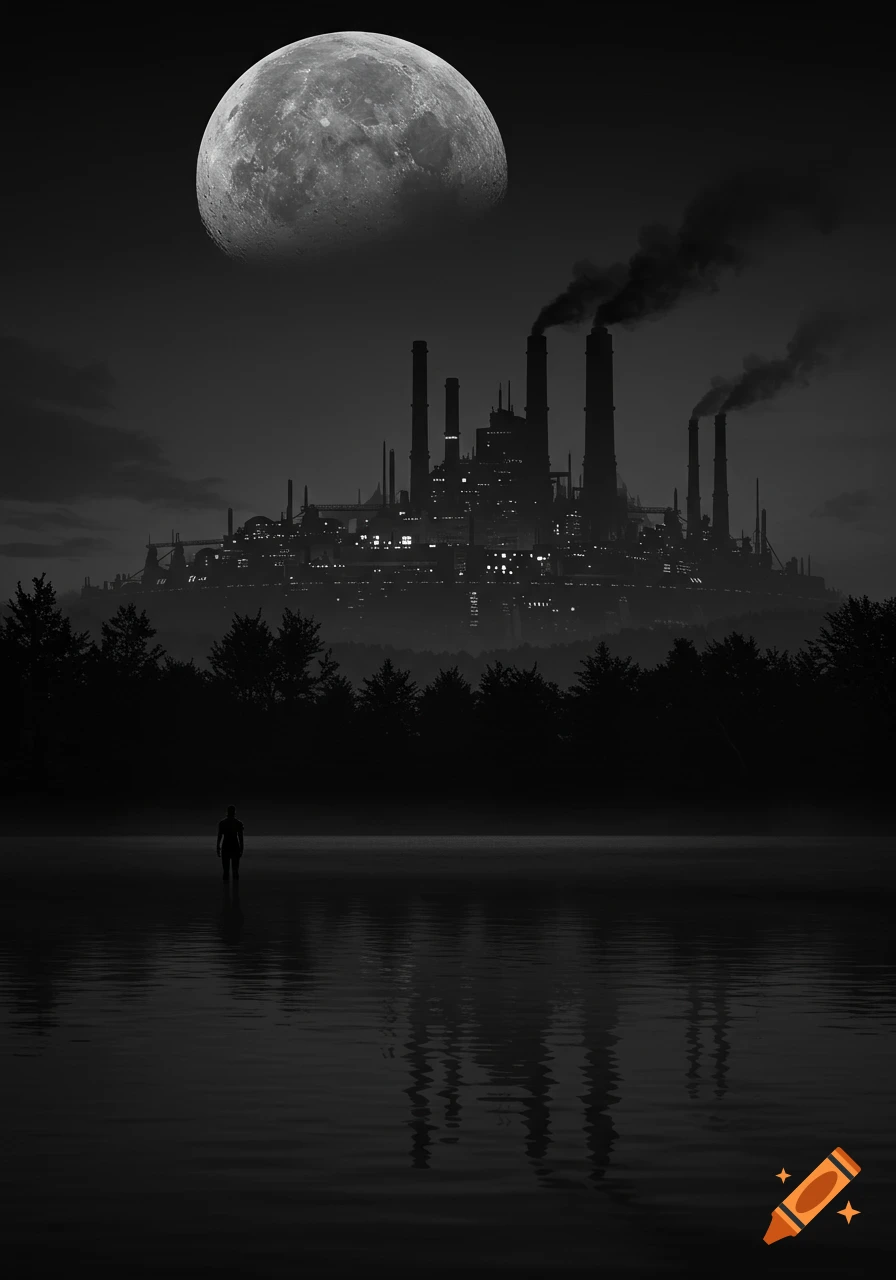 A person stands in a dark lake reflecting a dystopian industrial city under a large moon, in black and white.