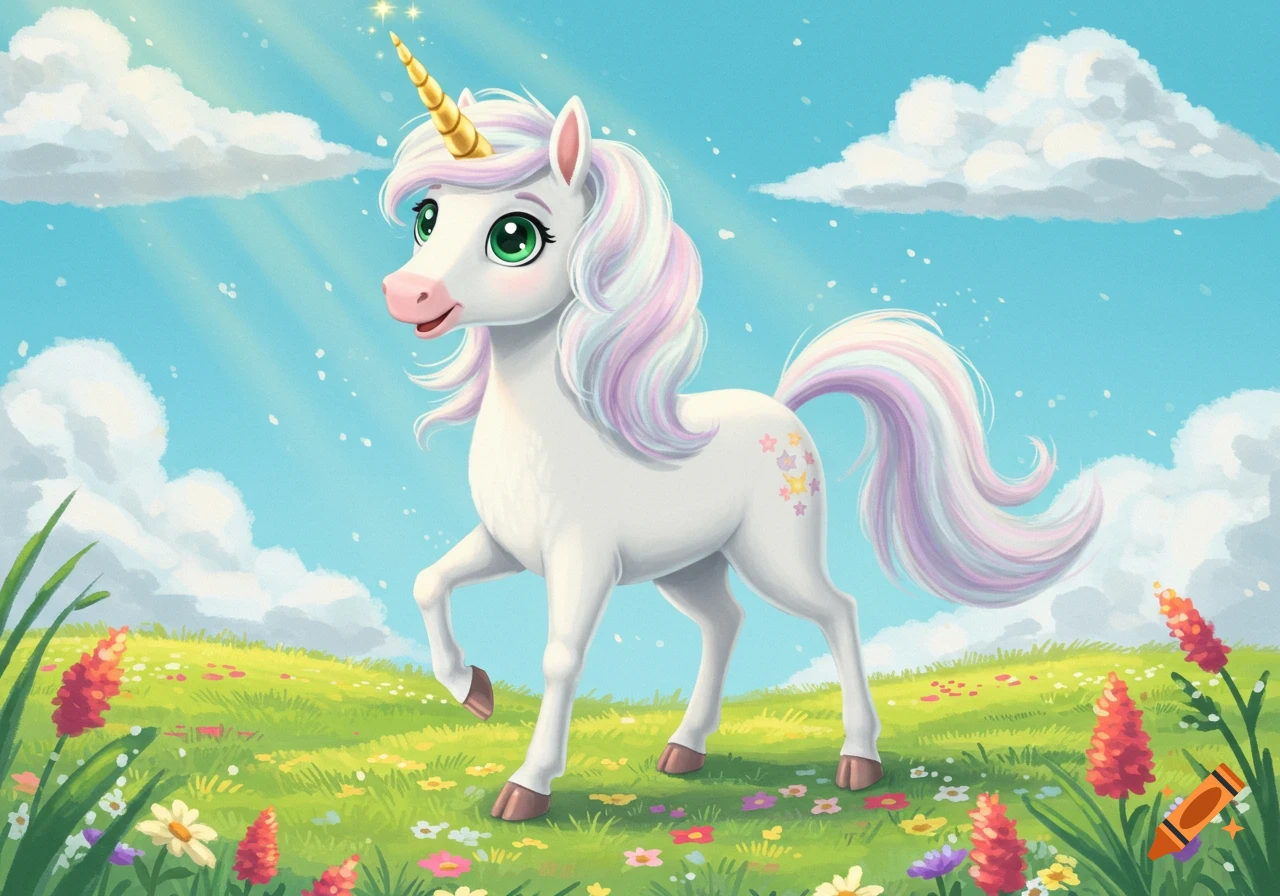 A cartoon white unicorn with green eyes and a golden horn stands in a sunny, flower-filled meadow.