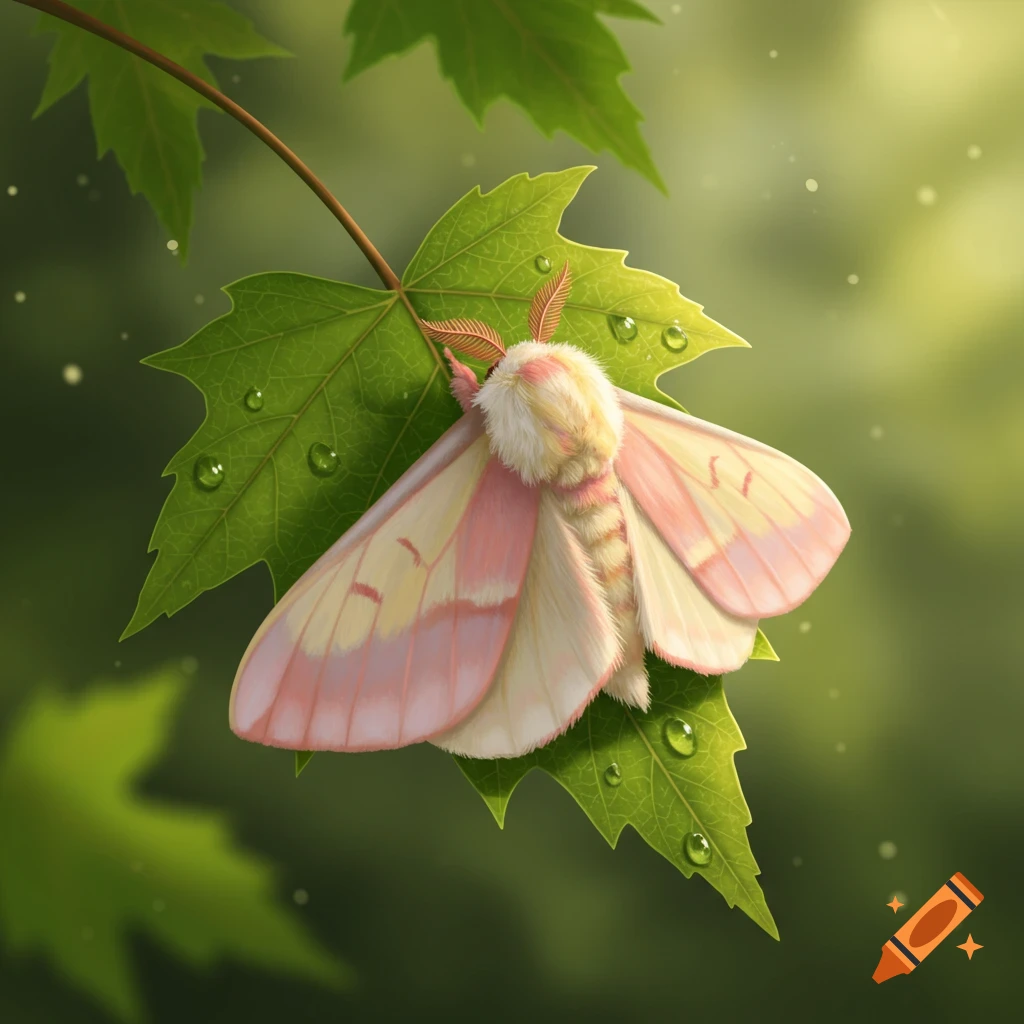 A fluffy rosy maple moth with pink and yellow wings rests on a green leaf with water droplets.