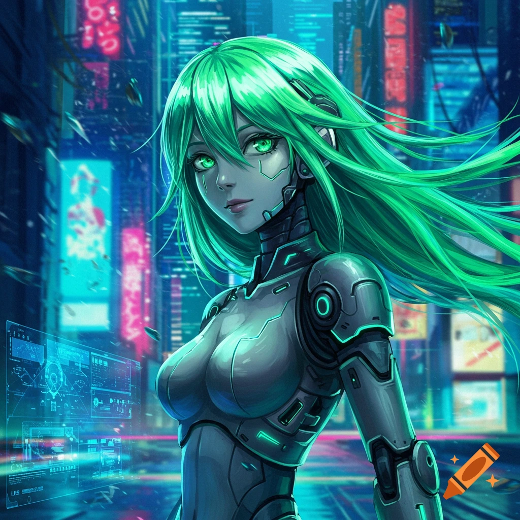 An anime-style robot girl with bright green hair and glowing green eyes stands in a vibrant cyberpunk city.