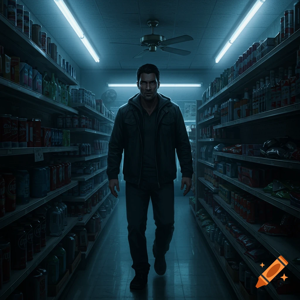 A man in a dark jacket walks down a dim, blue-lit supermarket aisle, facing the camera with a serious expression.