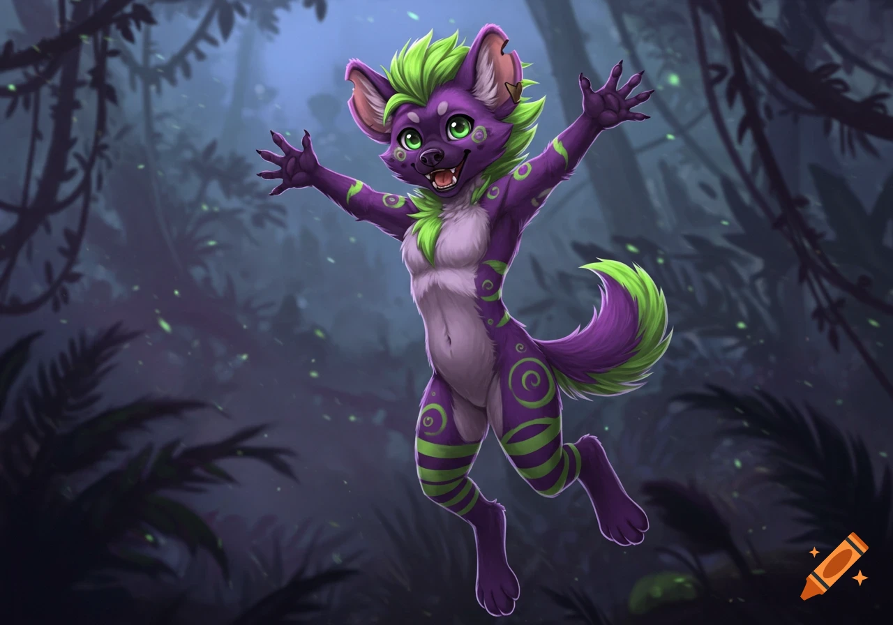 A happy bipedal hyena furry character with purple fur and lime green accents, jumping with arms outstretched in a dark, misty jungle.