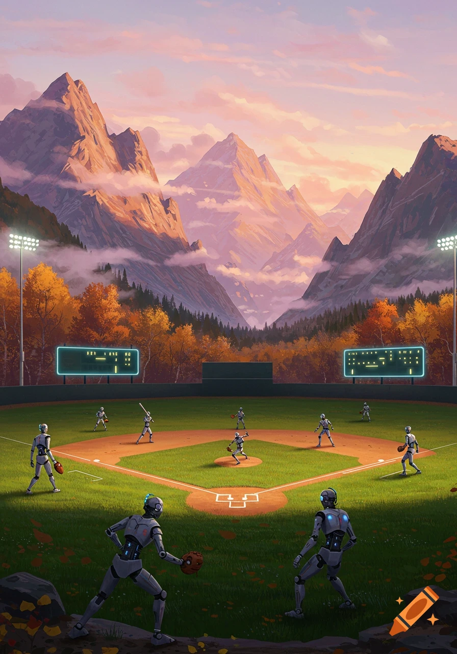 Robots play baseball on a field surrounded by mountains at sunset. The vibrant digital painting shows a large stadium with scoreboards.