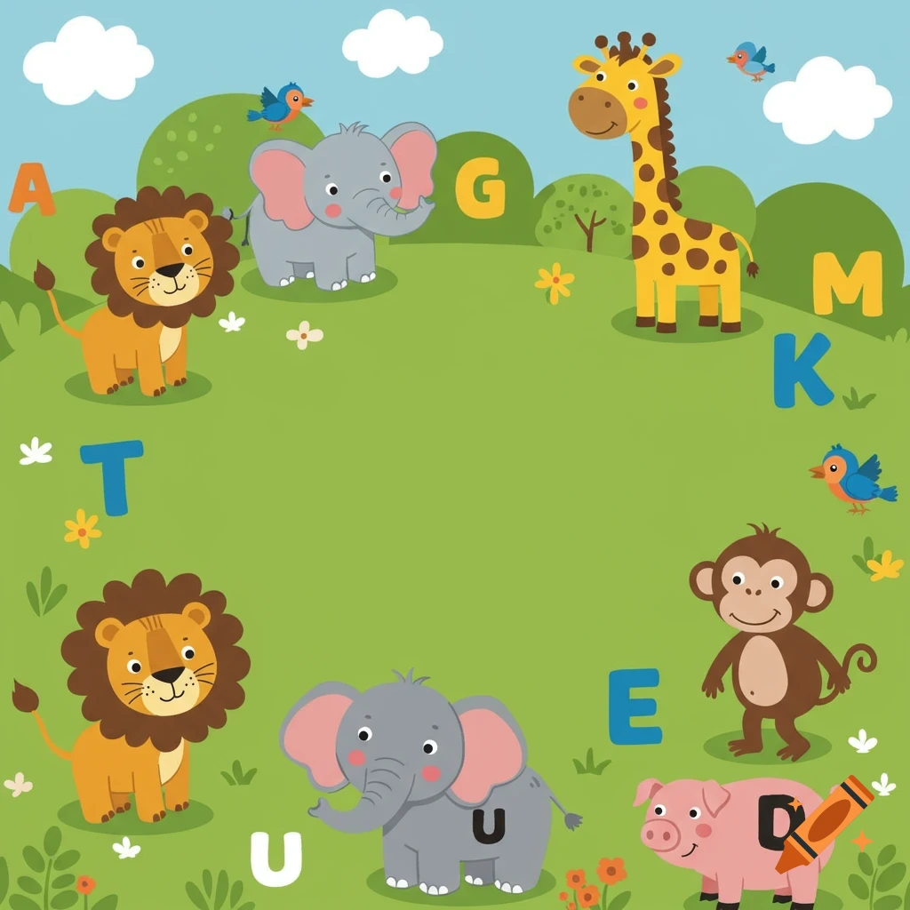 A colorful cartoon illustration for toddlers with various animals like lions, elephants, a giraffe, a monkey, and a pig, each near a large bold alphabet letter on a green grassy background with clouds.