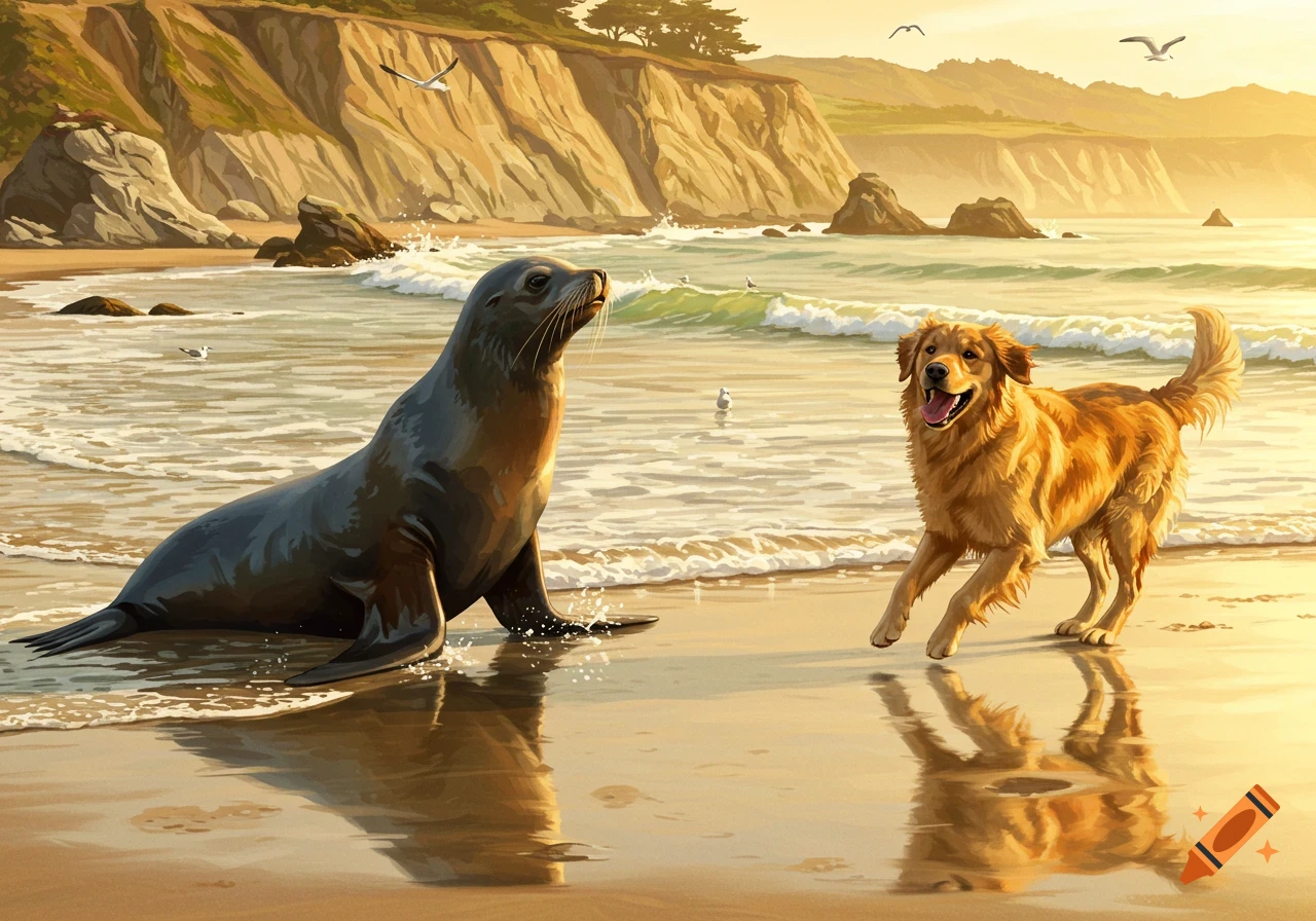 A sea lion in shallow water faces a playful golden retriever running on a sunny beach, with cliffs and waves in the background.