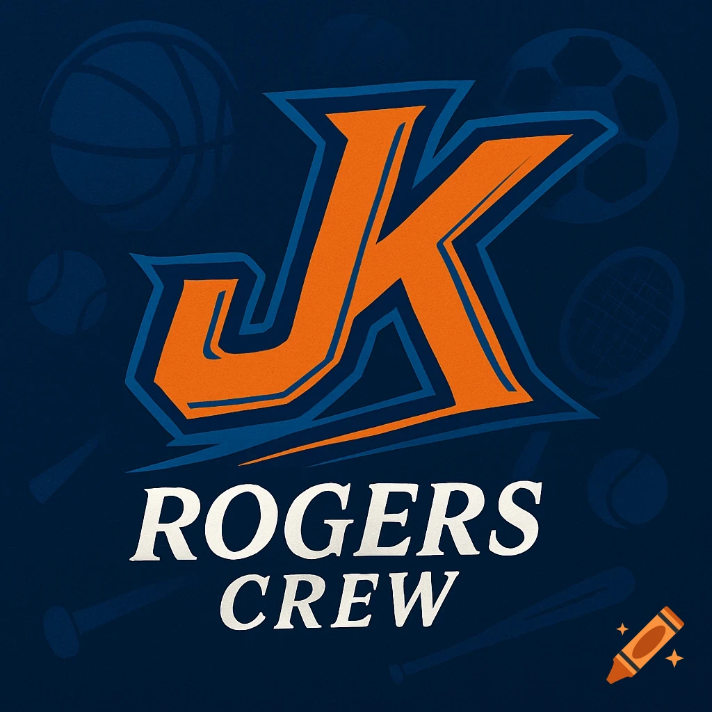 A dark blue logo with large orange and blue stylized letters 'JK' above the white text 'ROGERS CREW'. Subtle sports equipment silhouettes are in the background.