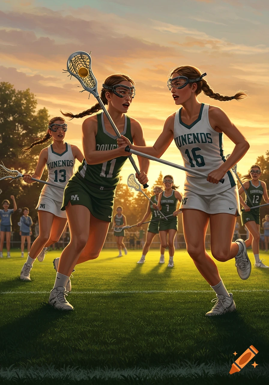 Two female lacrosse players compete on a field at sunset, with teammates in the background in a realistic illustration.