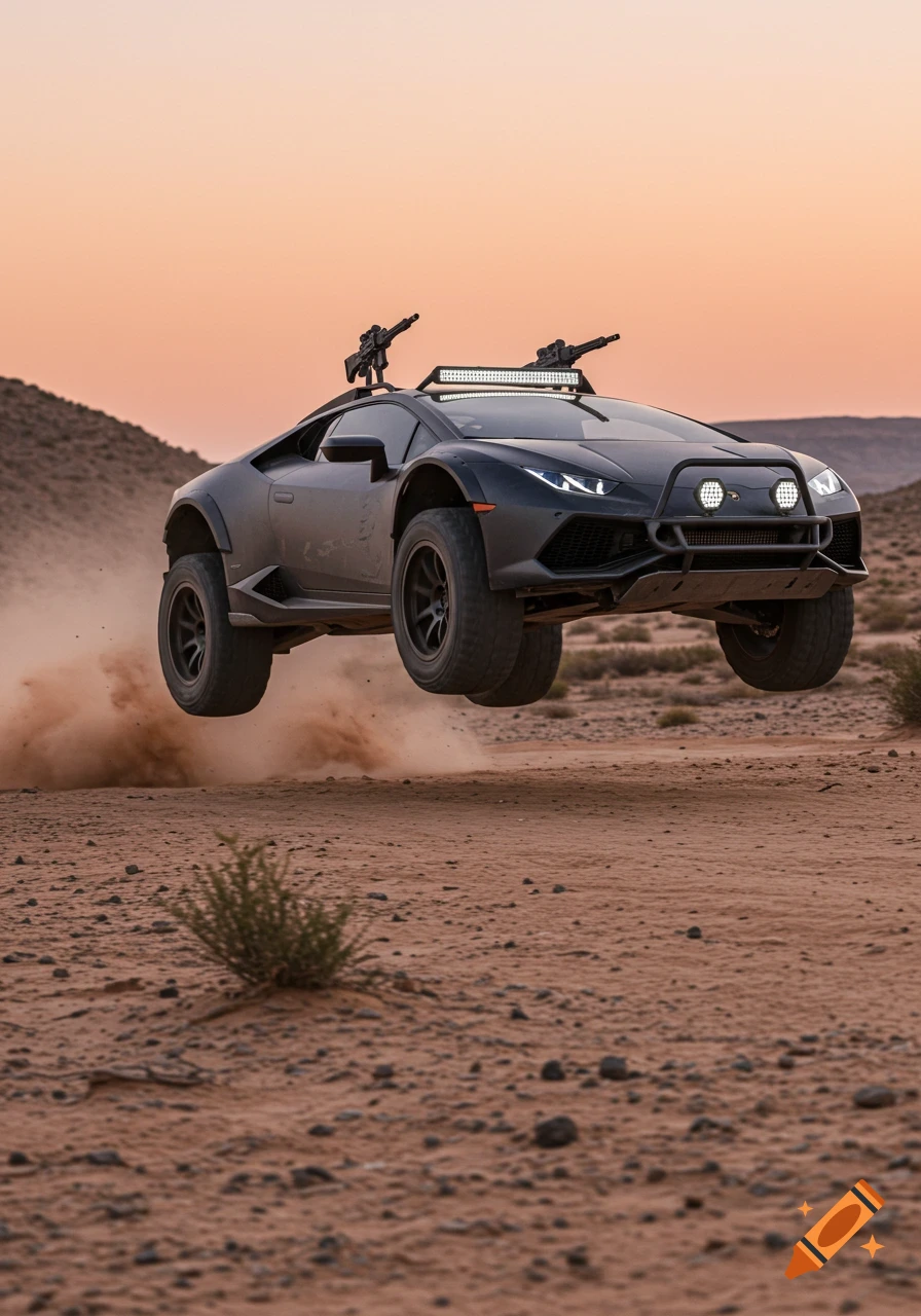 A black off-road Lamborghini Huracan with large tires, a bull bar, and roof-mounted rifles, airborne over a dusty desert landscape at sunset.