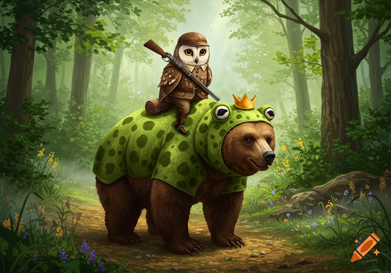 An owl dressed as a hunter with a rifle rides on a bear wearing a frog costume with a crown, walking through a vibrant green forest.