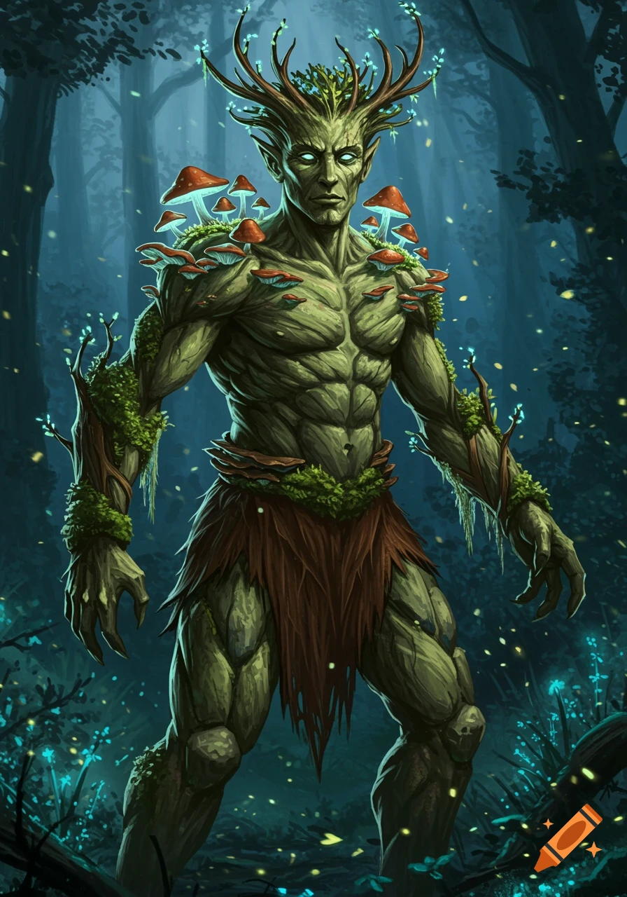 A powerful earth genasi covered in moss and red mushrooms stands in a dark, glowing fantasy forest, digital illustration.