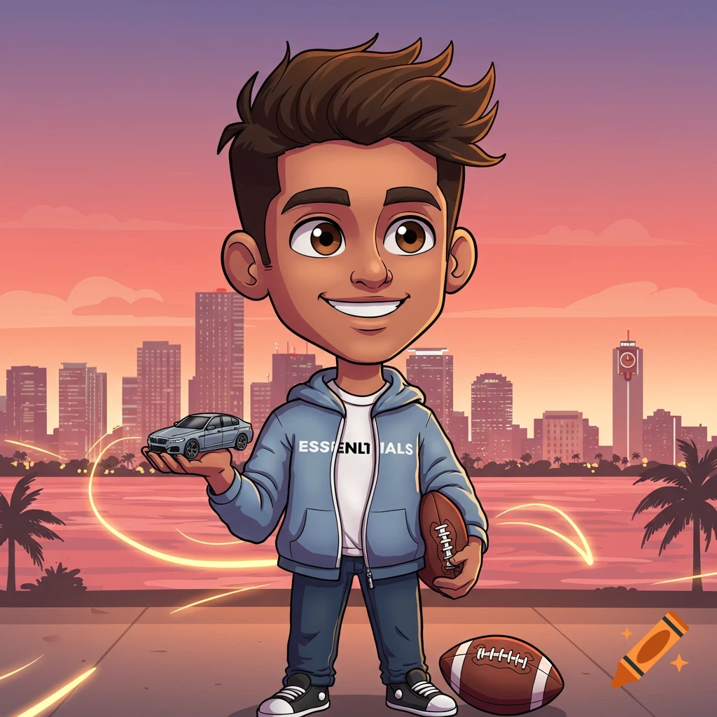 A cartoon young man holding a football and a miniature car, with a city skyline at sunset in the background.