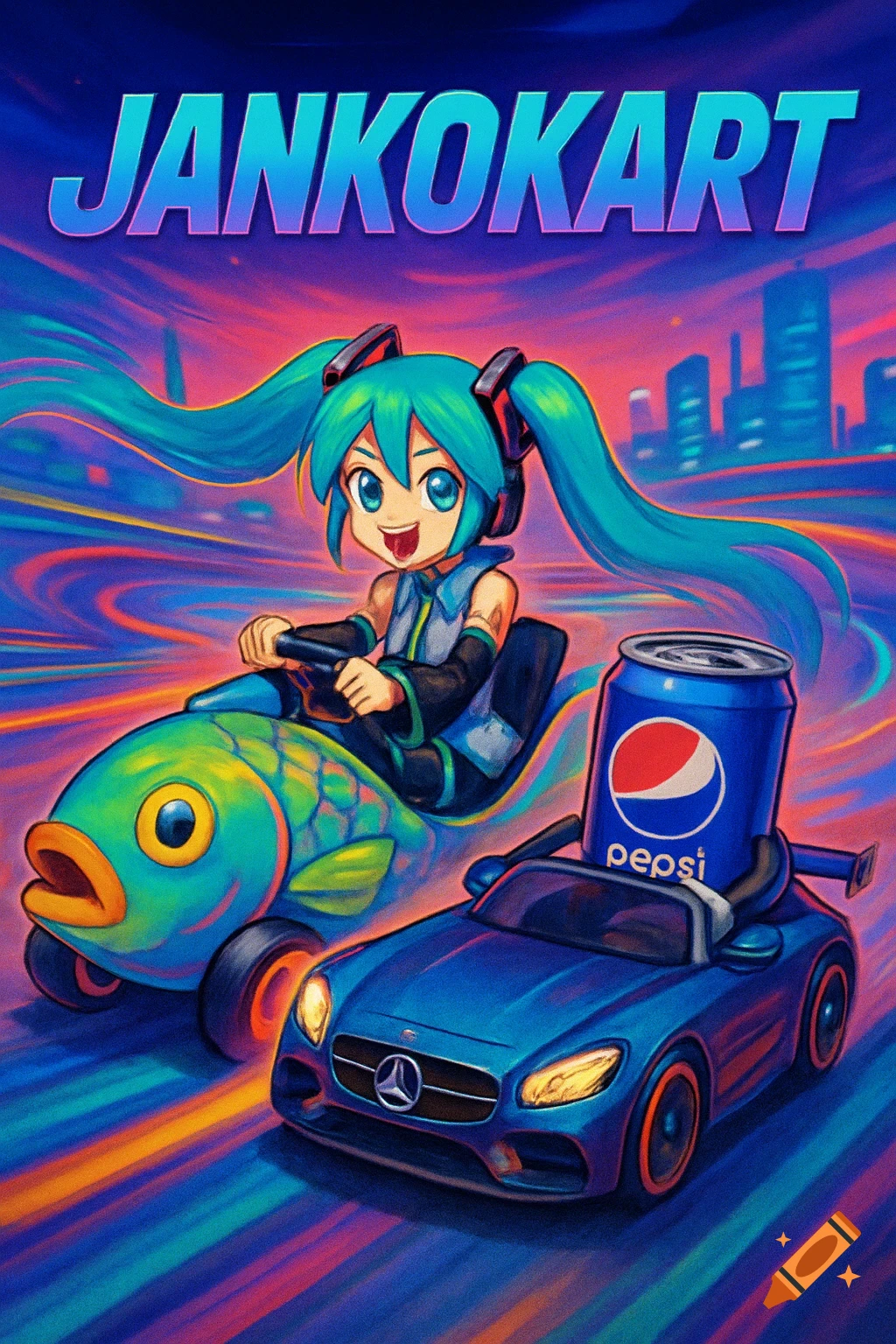 Colorful anime-style game cover for Jankokart featuring Hatsune Miku in a fish car and a Pepsi can in a blue Mercedes on a vibrant road.