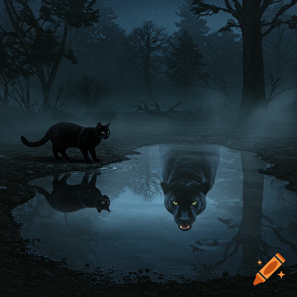 A black cat gazes into a puddle in a dark, misty forest, seeing the reflection of a growling black panther.