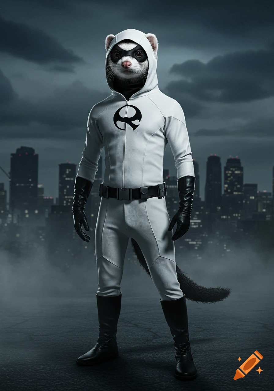 An anthropomorphic ferret superhero in a white suit with black gloves and boots stands in front of a dark cityscape.