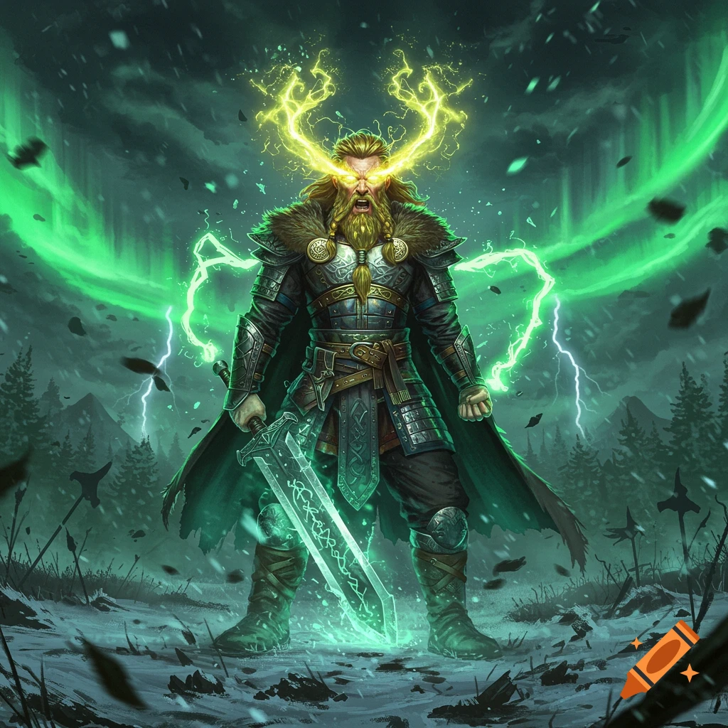 A powerful Viking warrior with glowing eyes and energy antlers, standing in a snowy forest with a glowing sword and green aurora.