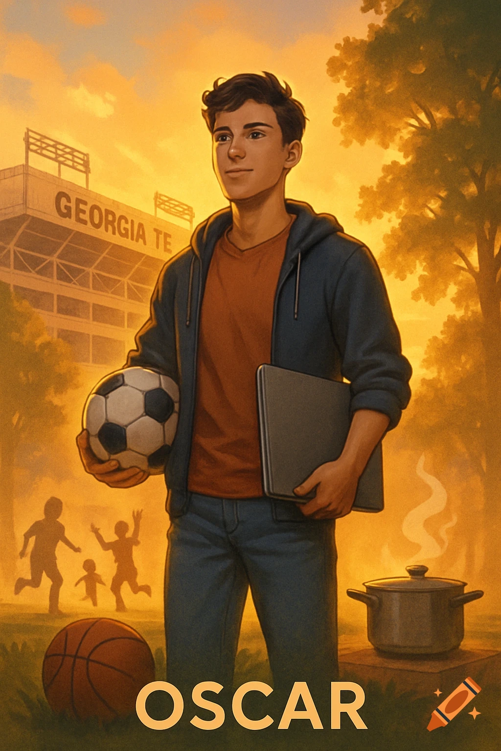 A stylized illustration of a young man holding a soccer ball and laptop, standing before a stadium at sunset. A basketball and cooking pot are nearby.