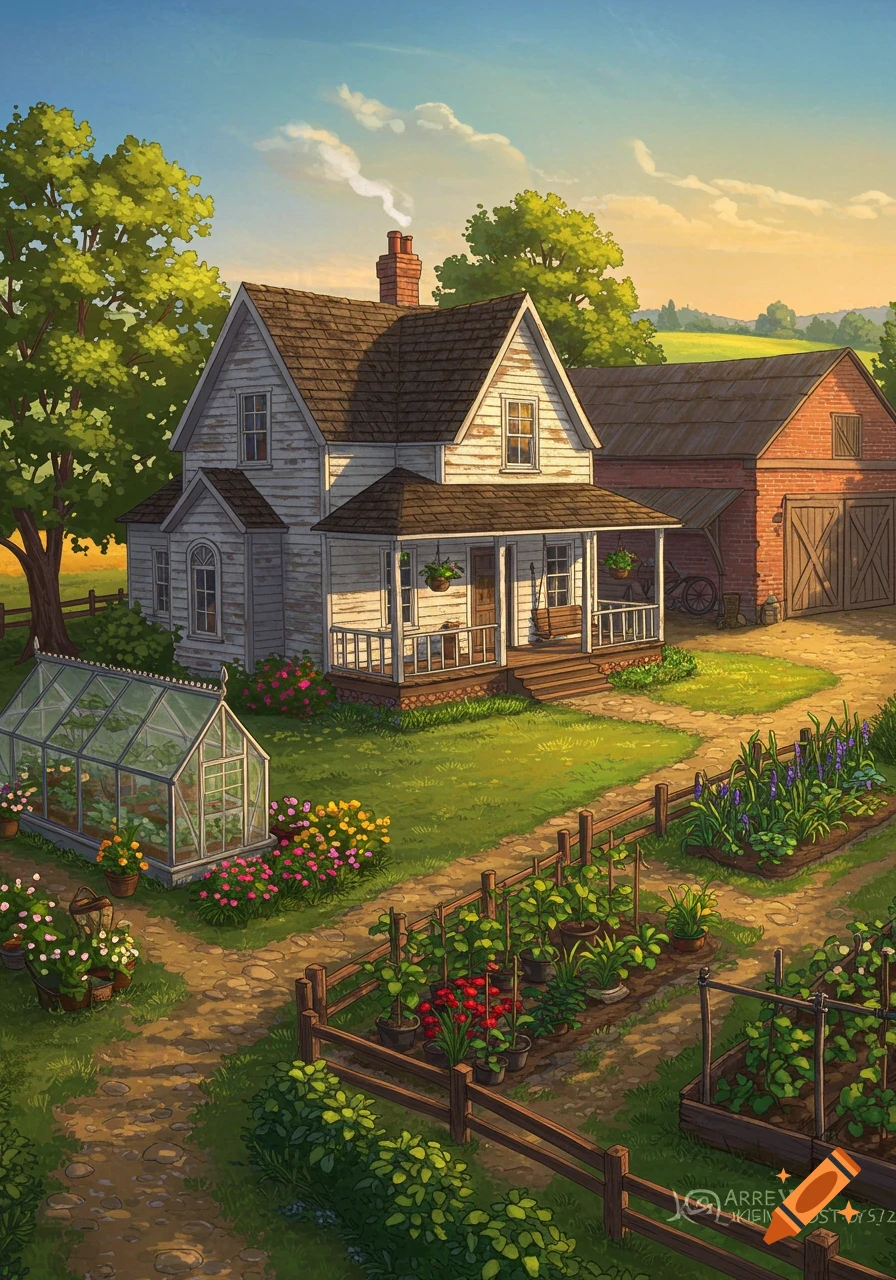 An idyllic illustration of a white farmhouse with a large porch, a red barn, a greenhouse, and vibrant gardens at sunset.