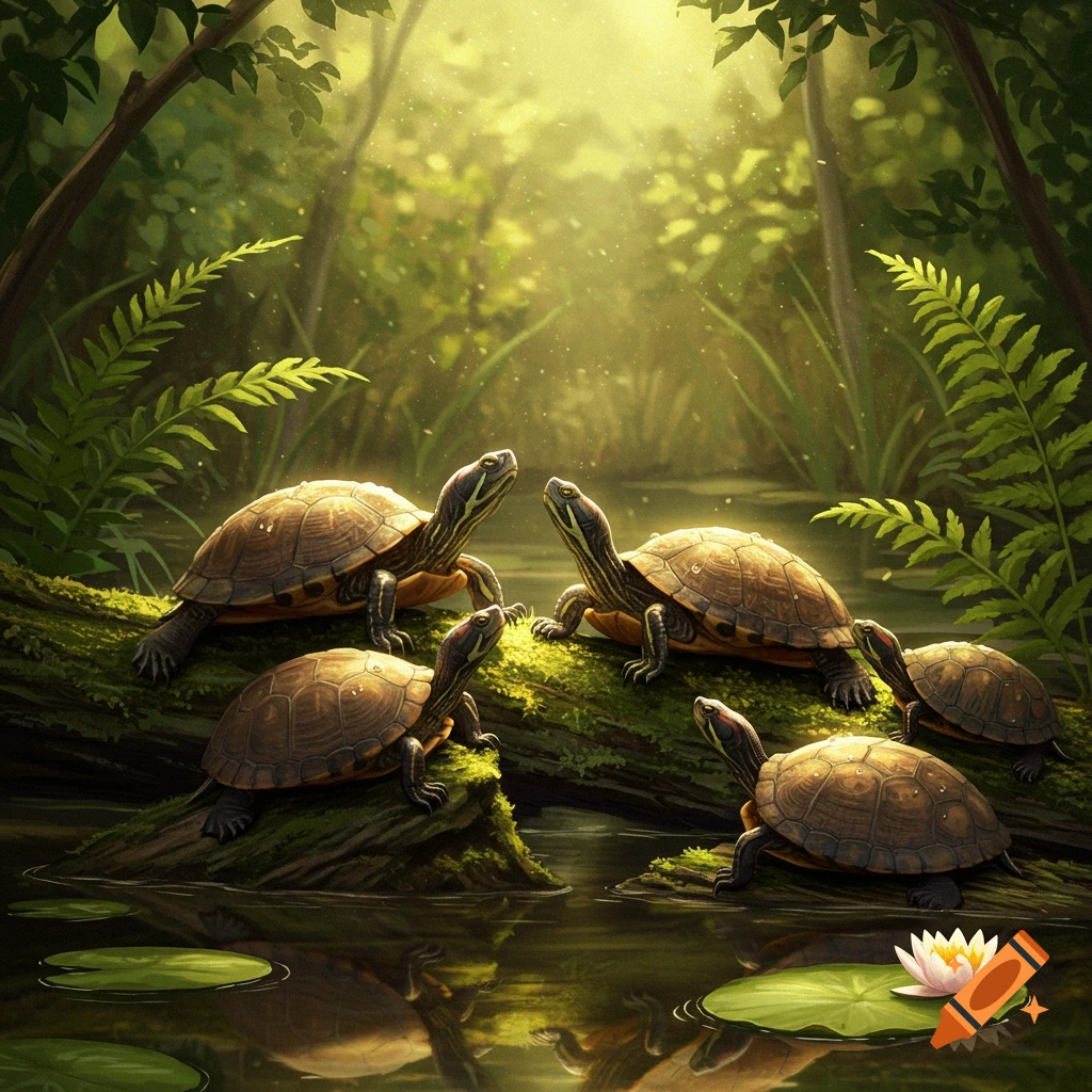 Several terrapins on a mossy log in a sunlit forest swamp, with lily pads and a pink water lily in the foreground.