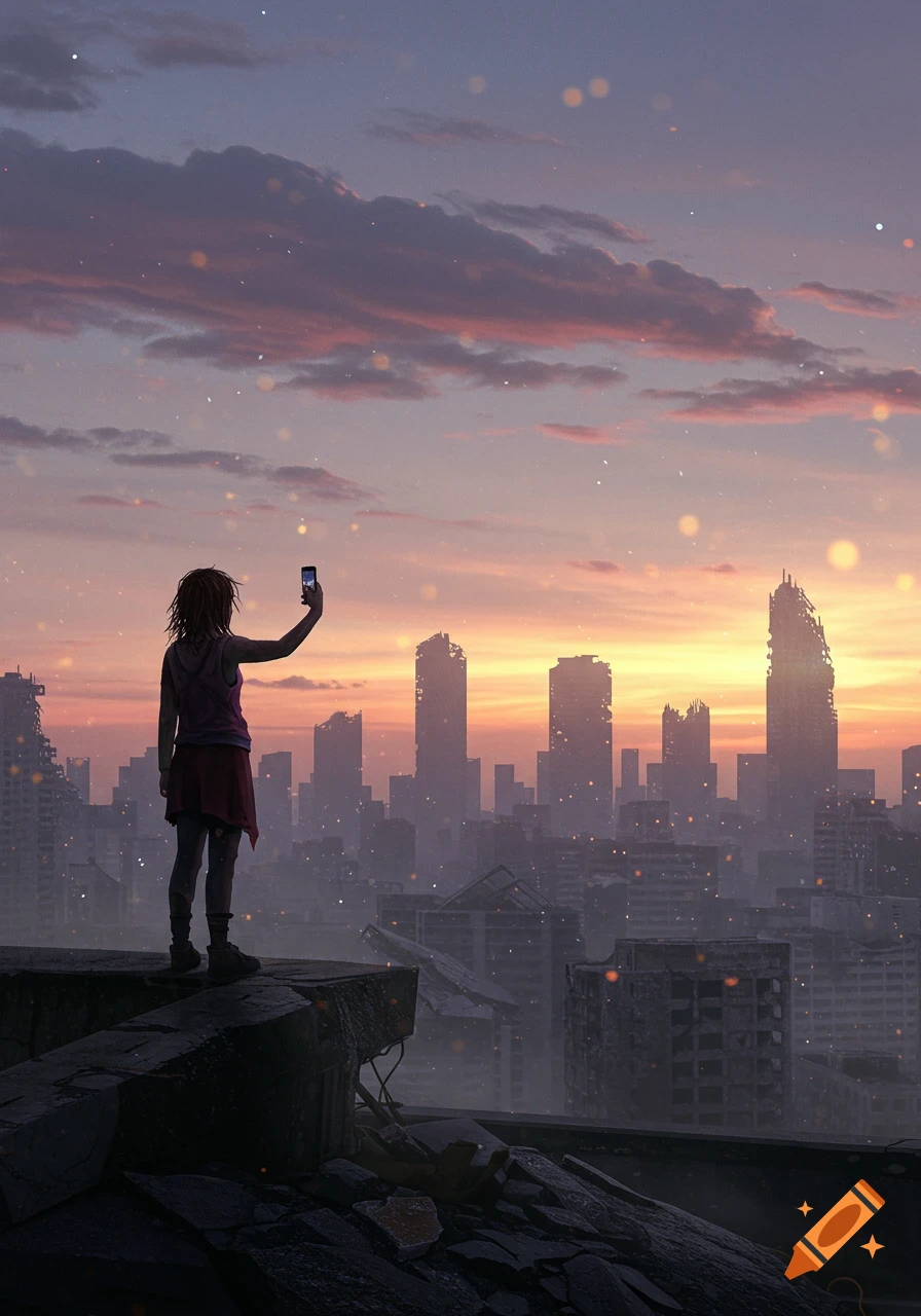 A lone figure stands on a ruined building's edge, silhouetted against a vibrant sunset over a dilapidated city, taking a selfie on a phone. Digital art style.