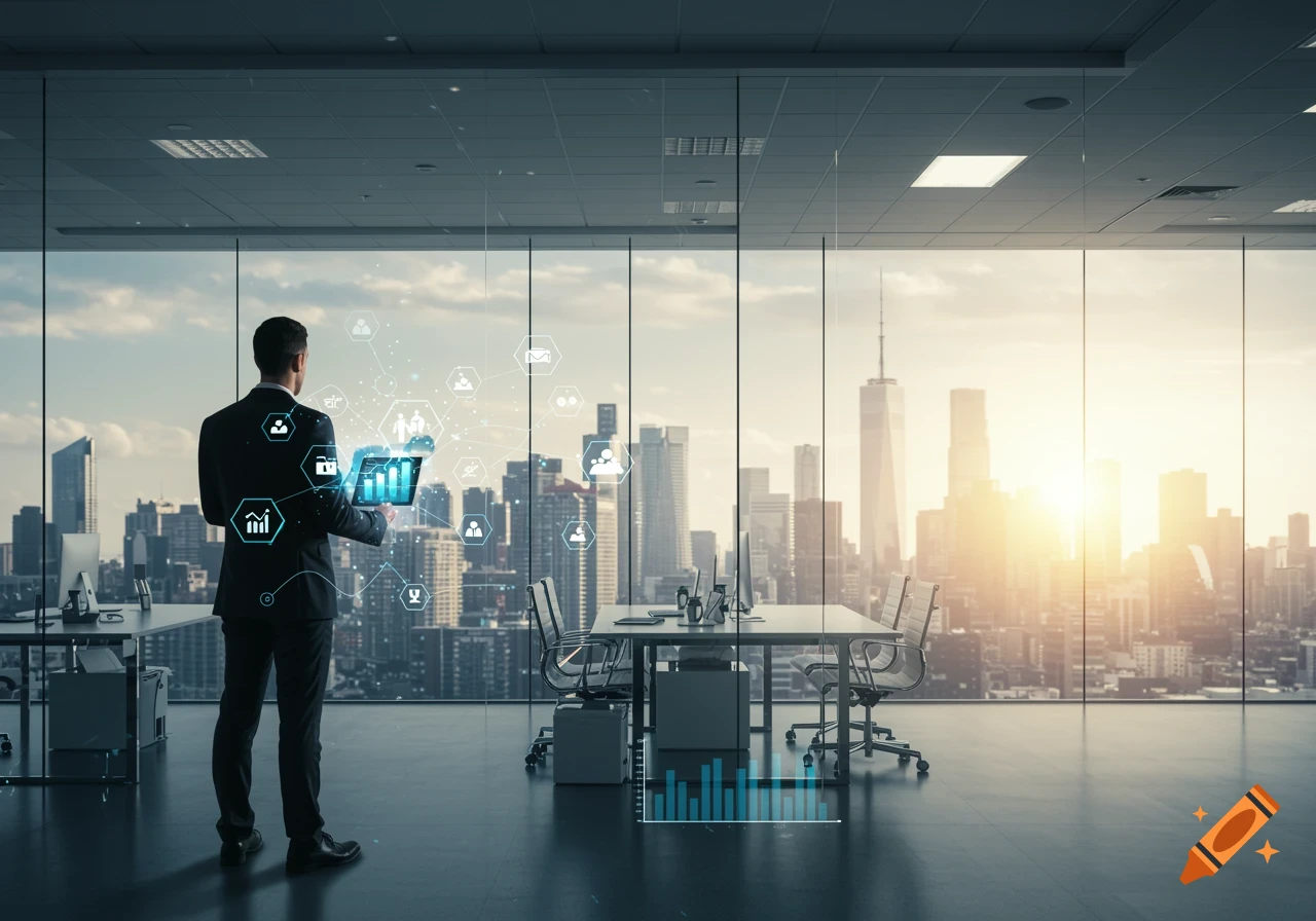 A businessman in an office overlooks a city skyline at sunset, holding a tablet with holographic business icons.