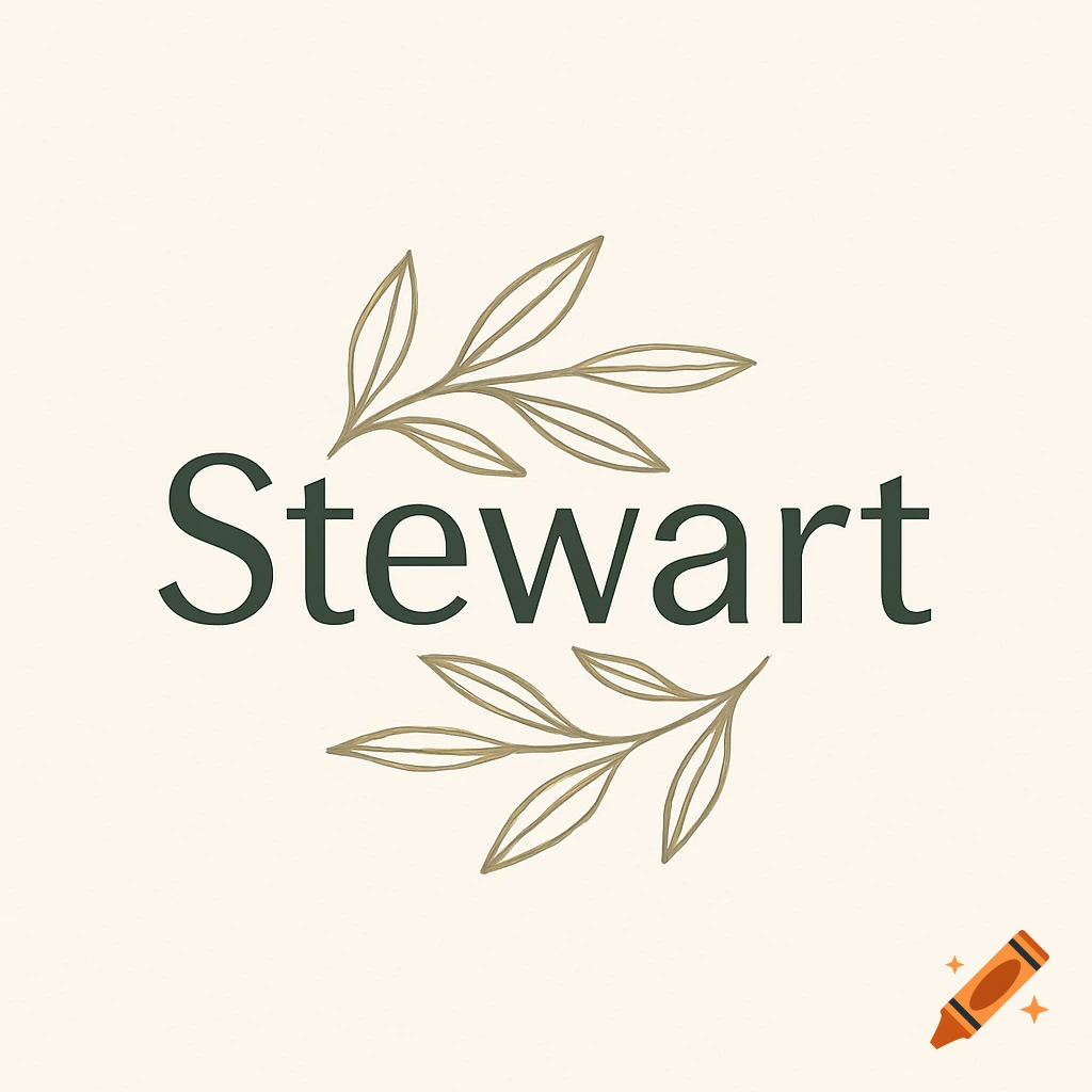 A minimalist logo with the name 'Stewart' in dark green, framed by two branches with light brown leaves on a cream background.