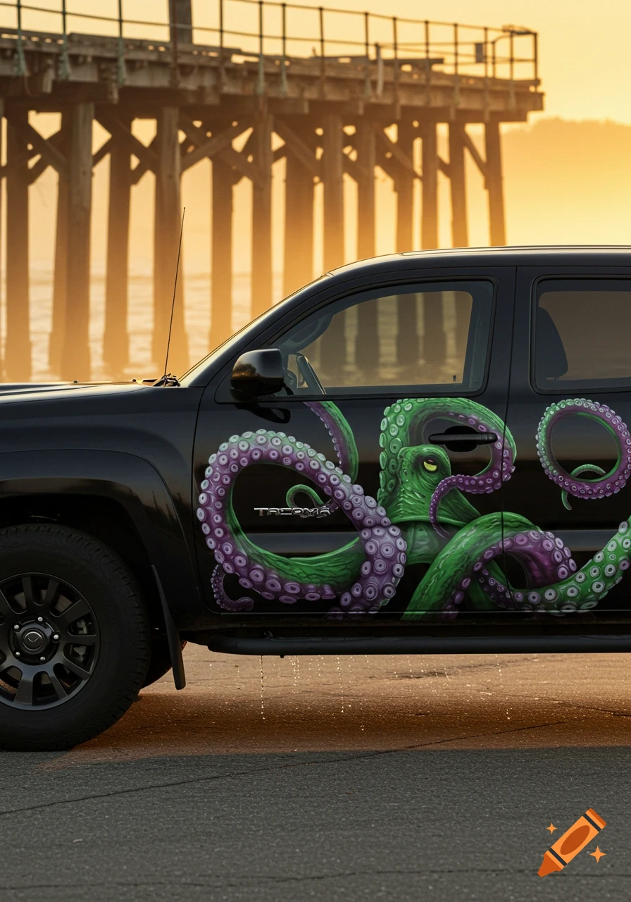 A black Toyota Tacoma truck with a large green and purple octopus graphic on its side, parked near a pier at sunset.