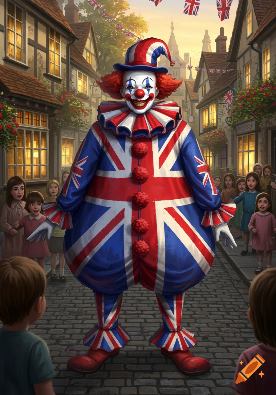 A cheerful clown in a Union Jack costume stands on a cobblestone street, surrounded by smiling children and British flags.