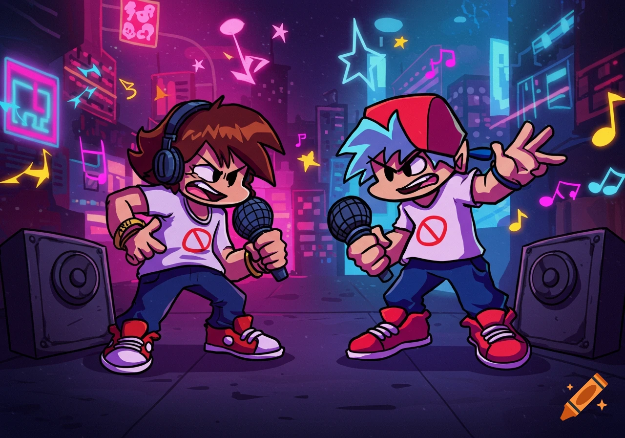 Cartoon characters Boyfriend and Girlfriend from Friday Night Funkin' are shown rapping on a neon-lit city street at night, holding microphones.