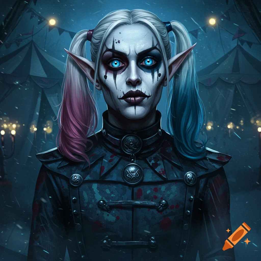 A pale-skinned character with pointy elf ears, stark white clown makeup, and glowing blue eyes, wearing dark ornate clothing, stands in front of circus tents in a snowy night.