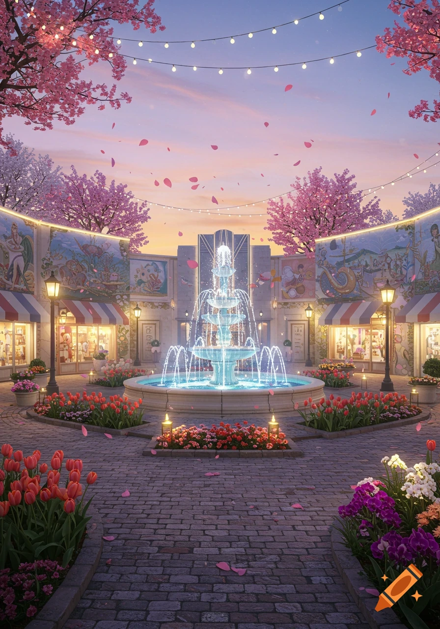 A picturesque plaza at dusk with a large illuminated fountain, pink cherry blossoms, blooming tulips, and charming shops under a pastel sky.