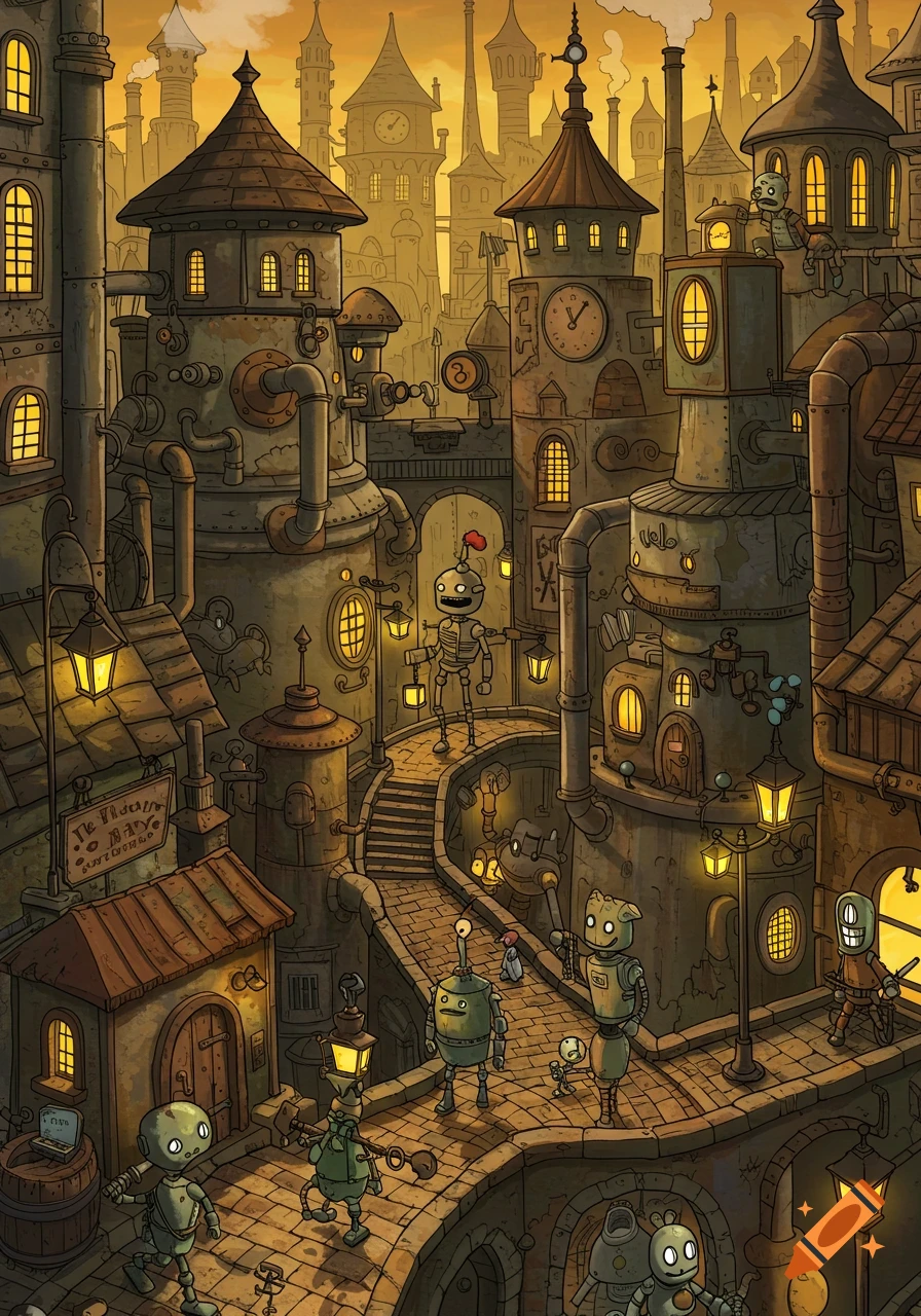 Steampunk-style illustration of a bustling robot city with mechanical beings, intricate buildings, pipes, and clock towers under a golden sky.