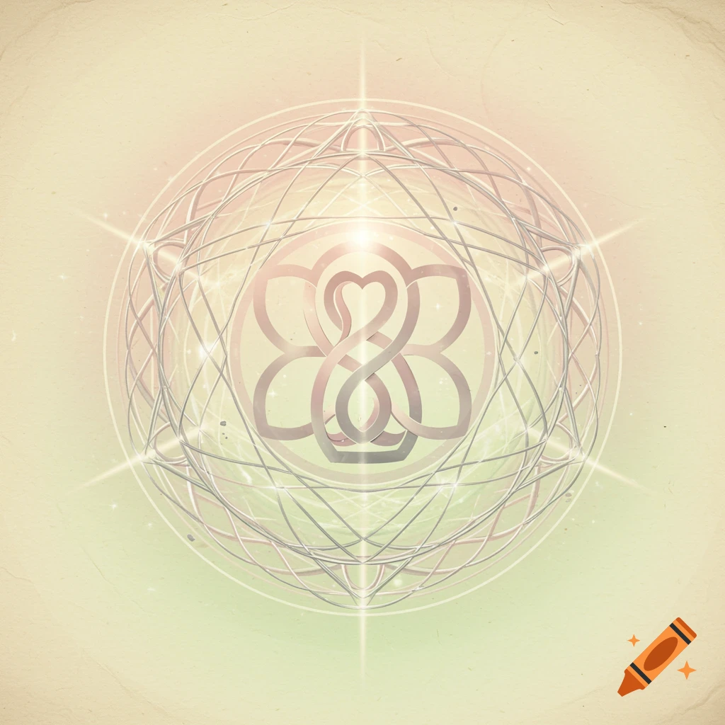 A luminous, intricate sacred geometry pattern with a central pink and silver monogram surrounded by a glow, set against a soft, textured pastel background.