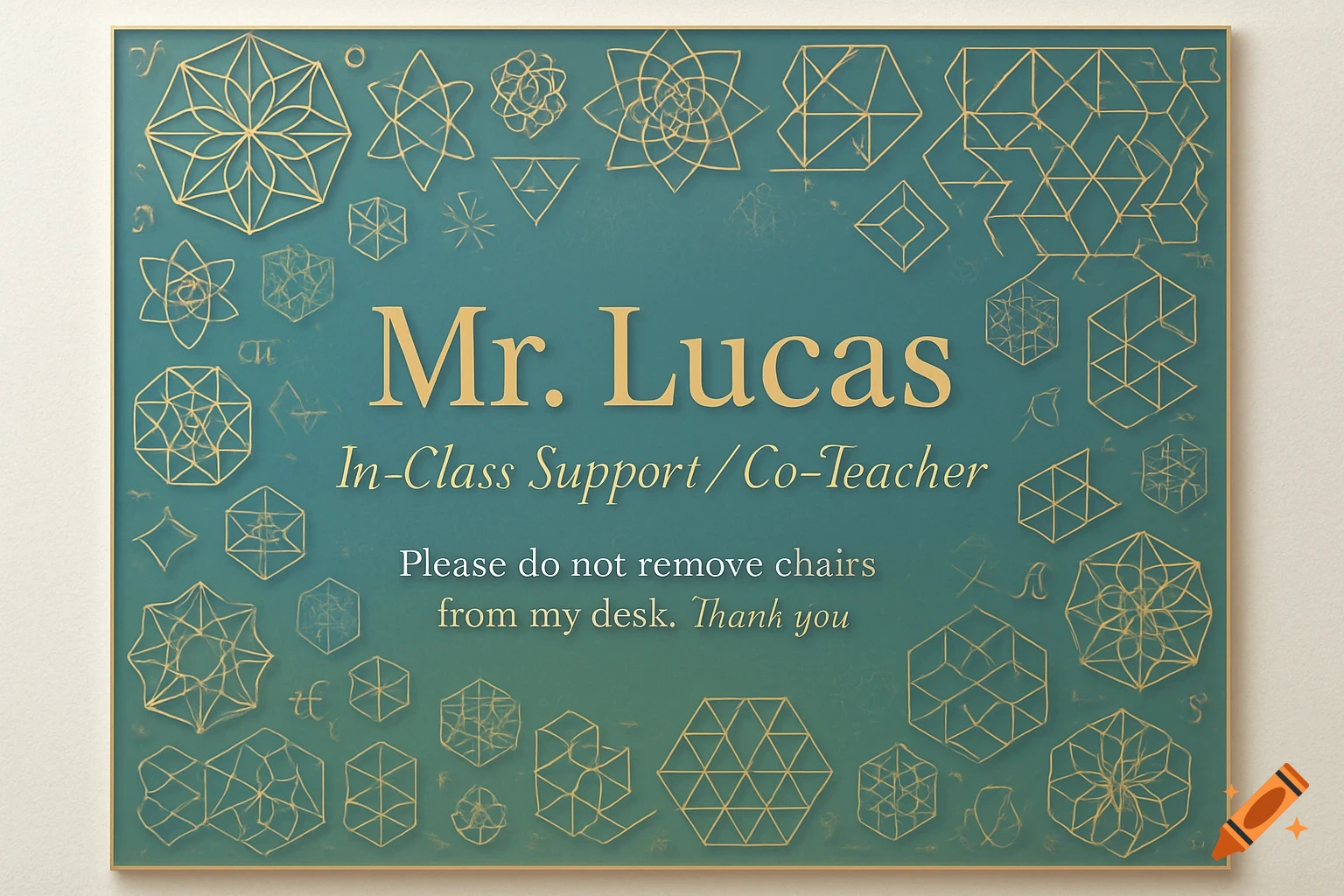 A teal and gold desk sign for Mr. Lucas, an In-Class Support/Co-Teacher, with geometric patterns and a note about chairs.