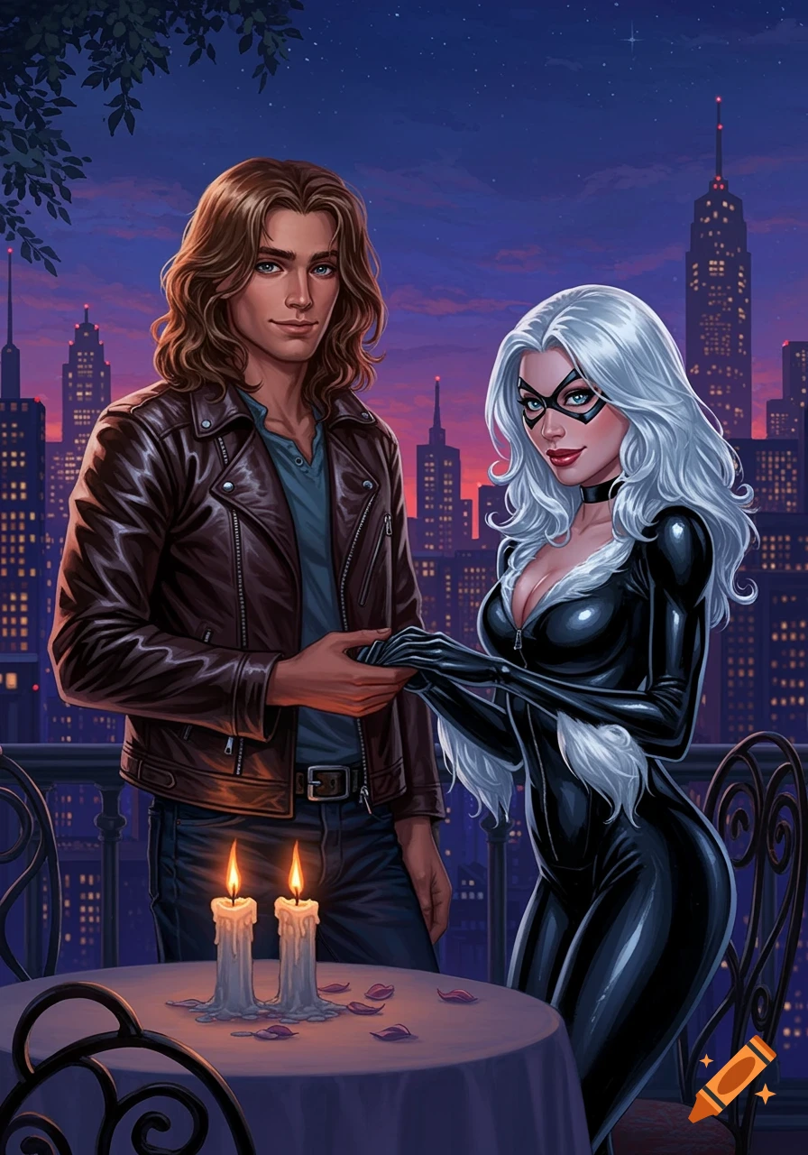 Illustrated image of a man and Black Cat holding hands on a romantic balcony date overlooking a city skyline at night.