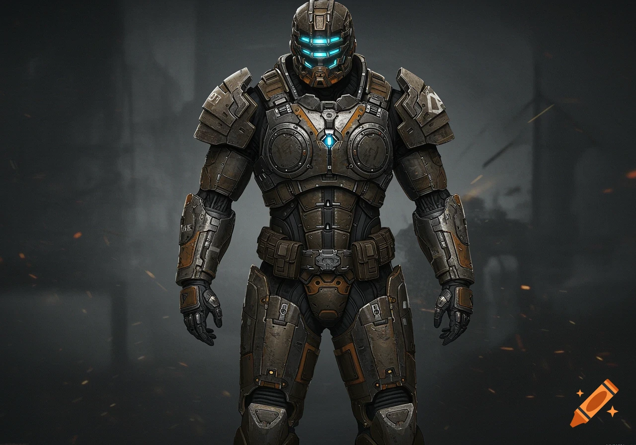 A detailed, imposing futuristic power armor suit with glowing blue lights, standing in a dark, industrial setting.