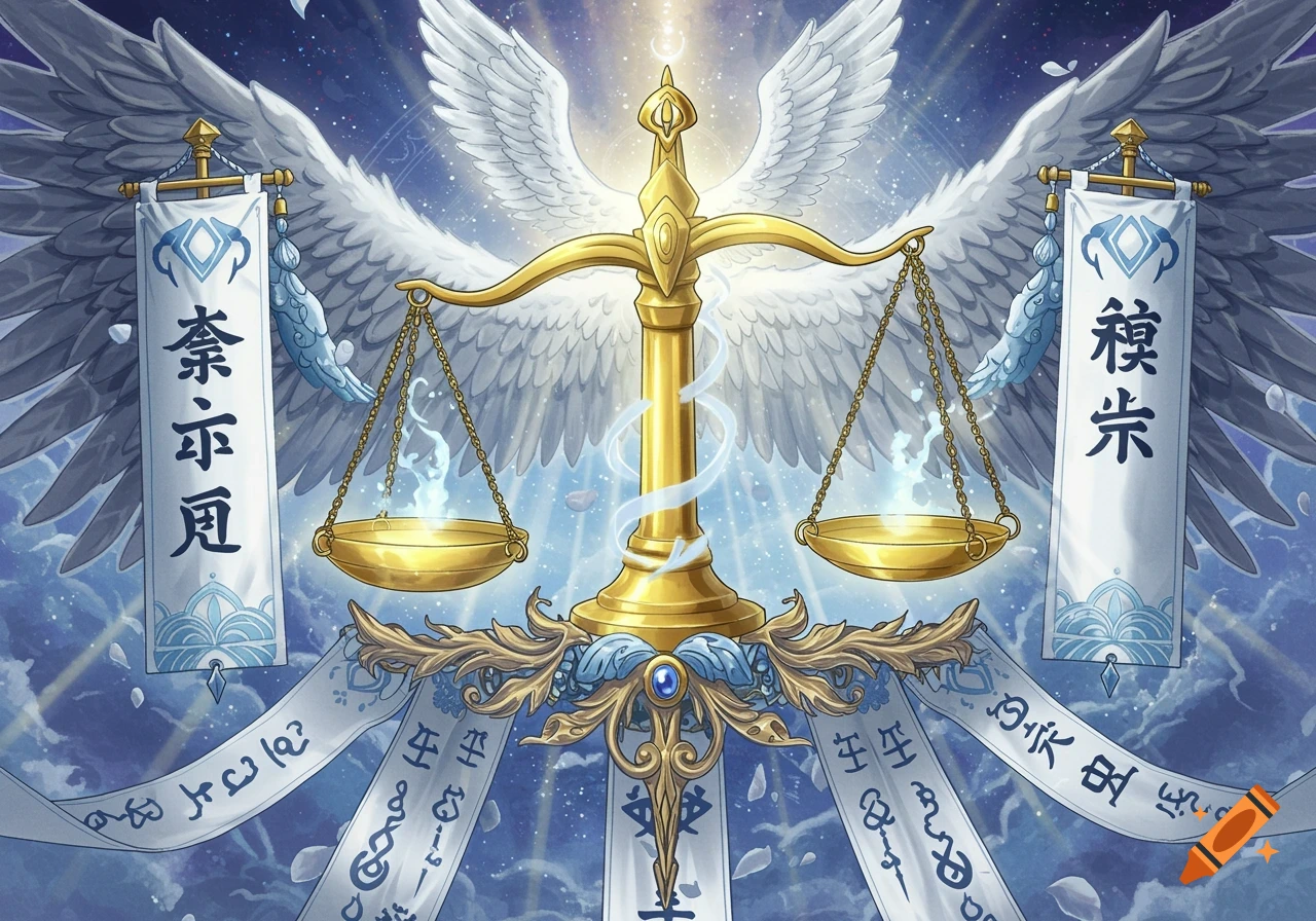 A golden scale with large white feathered wings, set against a blue starry sky, with glowing light and banners featuring East Asian characters. Anime style.