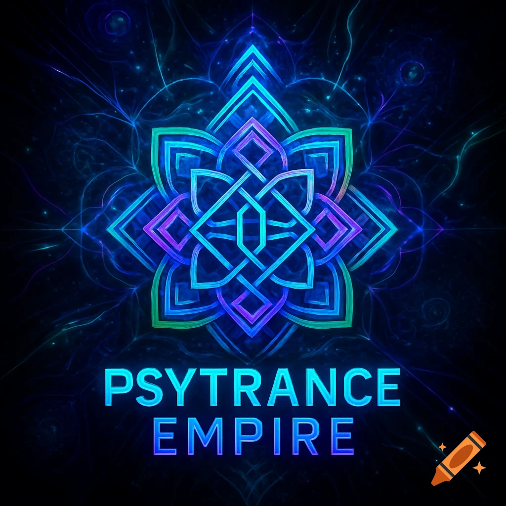 Vibrant blue and purple geometric logo with 'PSYTRANCE EMPIRE' text on a dark, glowing fractal background.