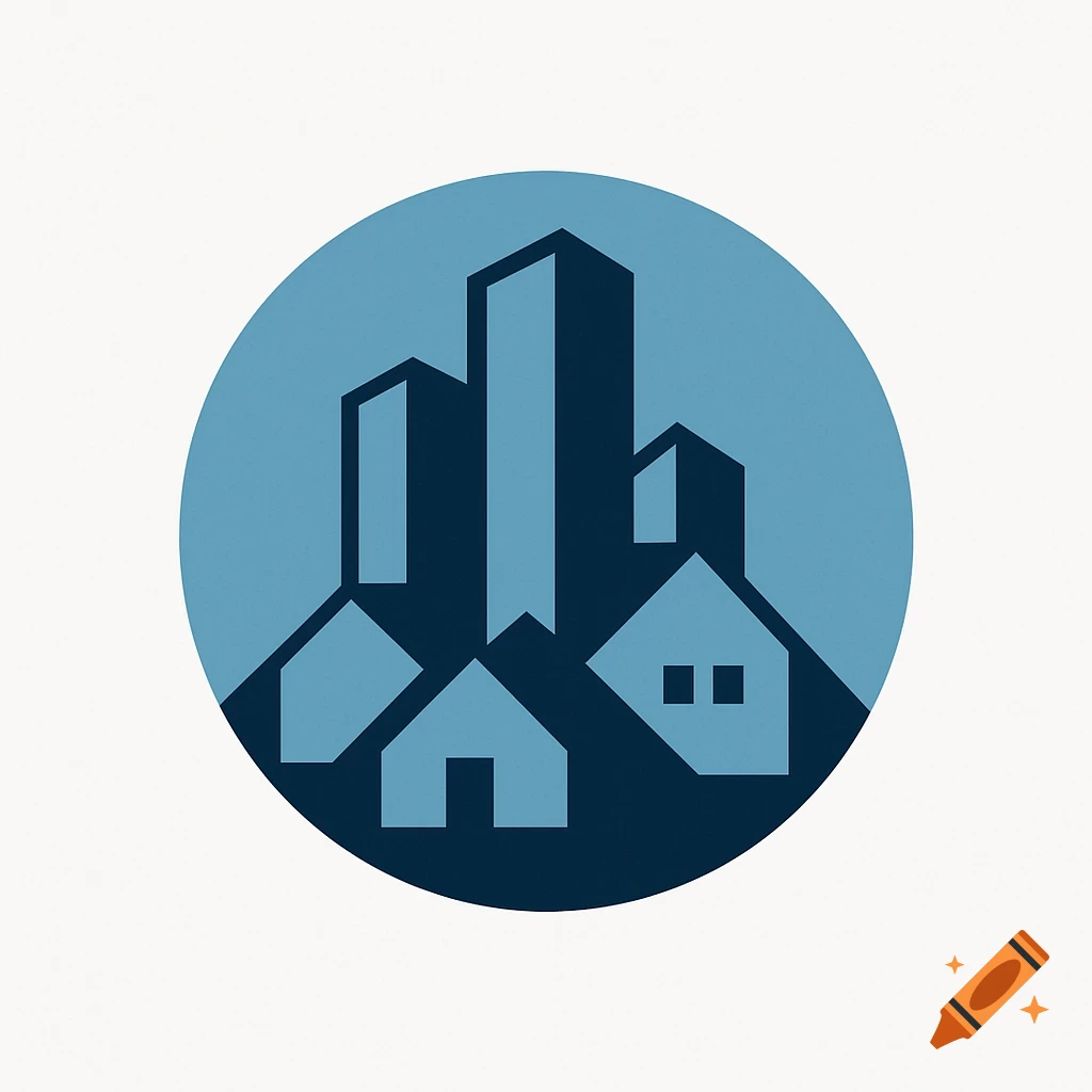 A blue circular logo featuring abstract silhouettes of a city skyline and houses.