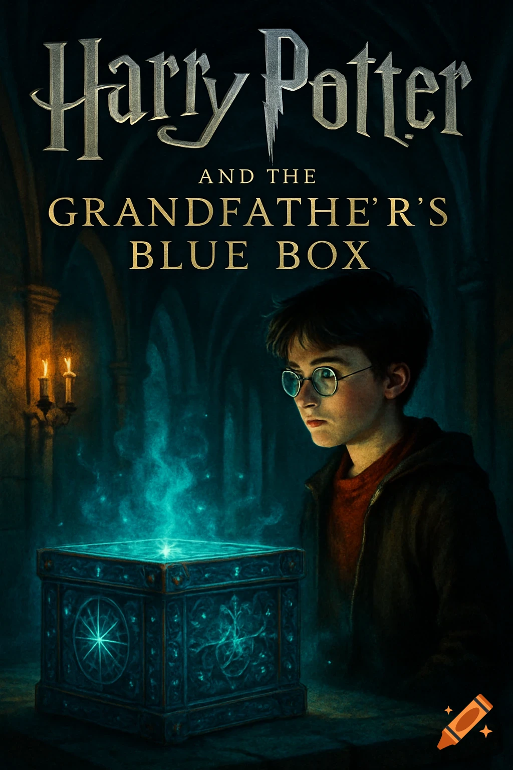 Harry Potter looking at a glowing blue ornate box in a dark, mystical room, designed as a book cover.