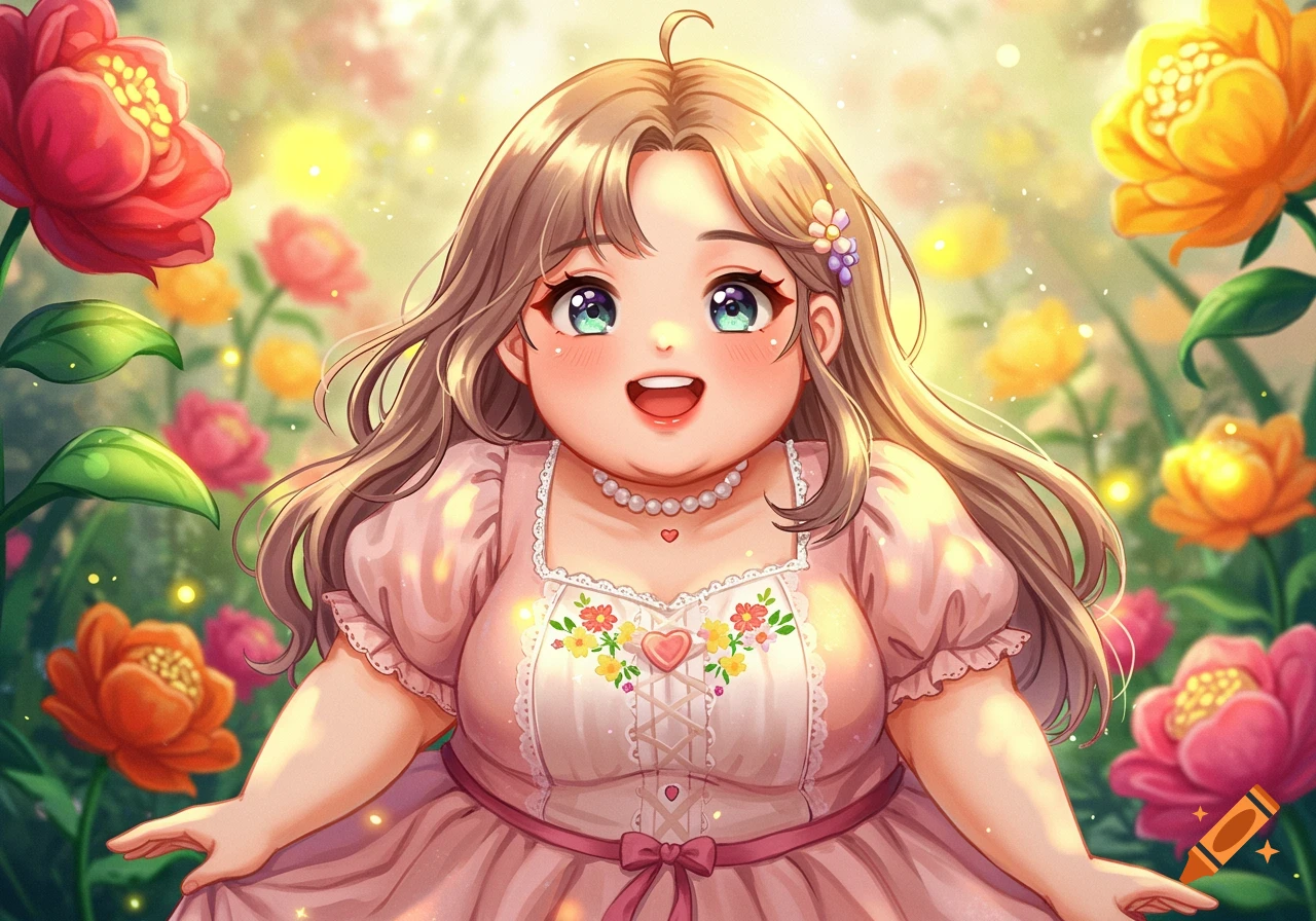 Cute anime chubby woman in a pink dress, smiling amidst colorful flowers.