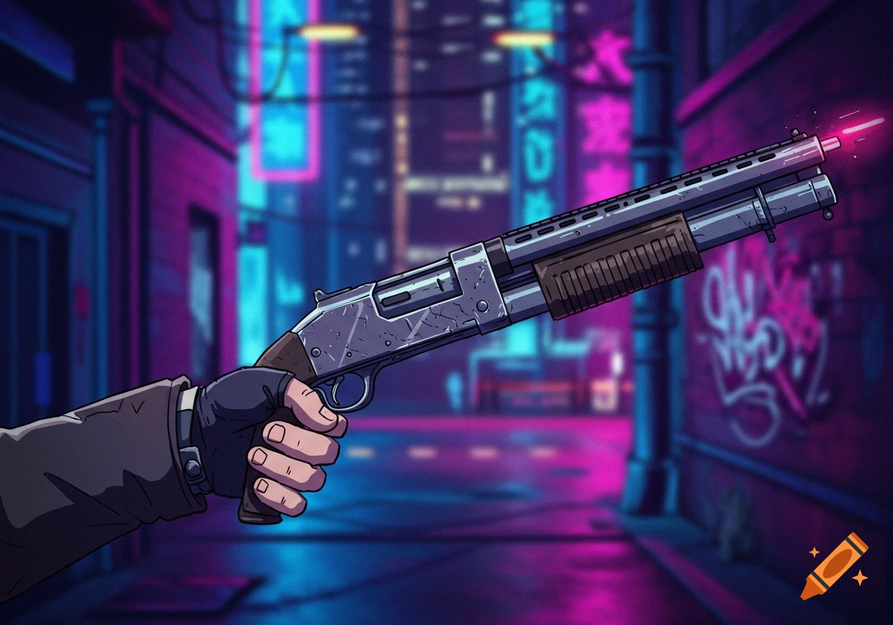 A hand holds a pump-action shotgun in a neon-lit cyberpunk alleyway in a cel-shaded anime style.