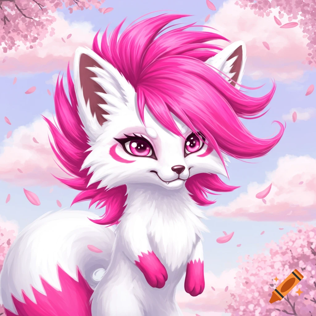 A cute cartoon white fox with hot pink hair, pink eyes, and pink paws, standing amidst falling pink cherry blossom petals.