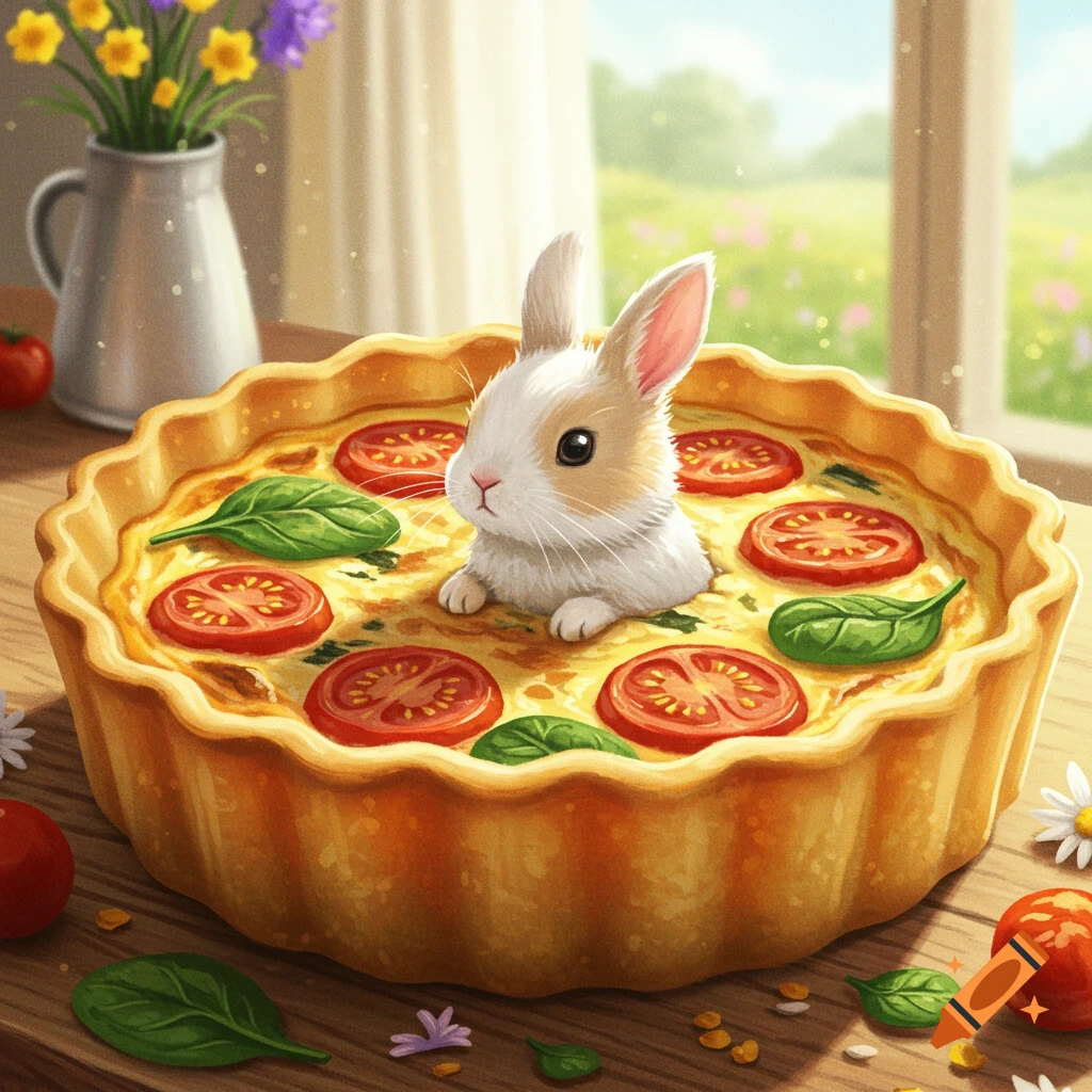 A cute fluffy rabbit peeking out of a savory quiche with tomatoes and spinach on a rustic wooden table by a sunny window.